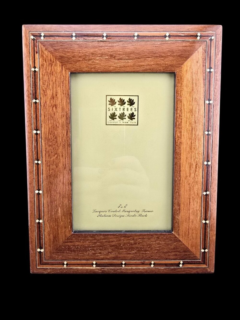 SixTrees 4"x6" Lacquer Coated Marquetry Wood Frame Italian Design Suede Back